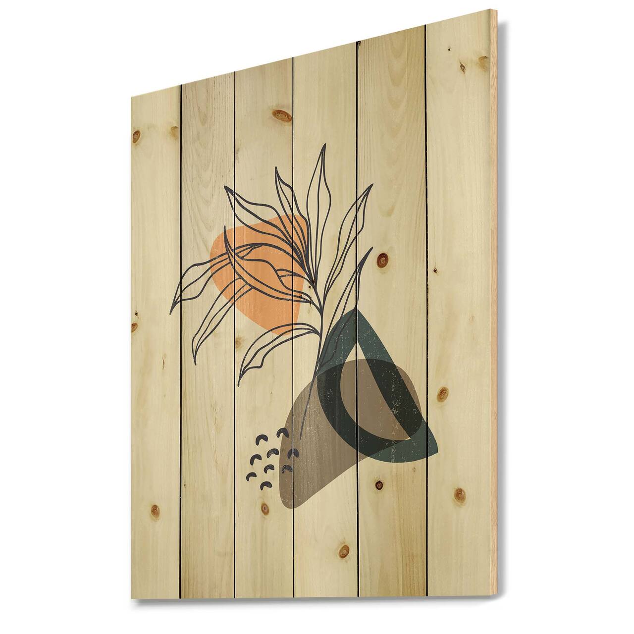 Designart - Vintage Plant With Minimalist Shapes I - Modern Print on Natural Pine Wood